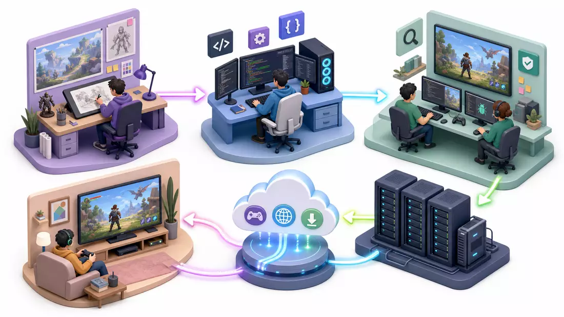 Isometrische 3D-Illustration der Videospiel-Wertschöpfungskette, Electronic Arts US2855121099