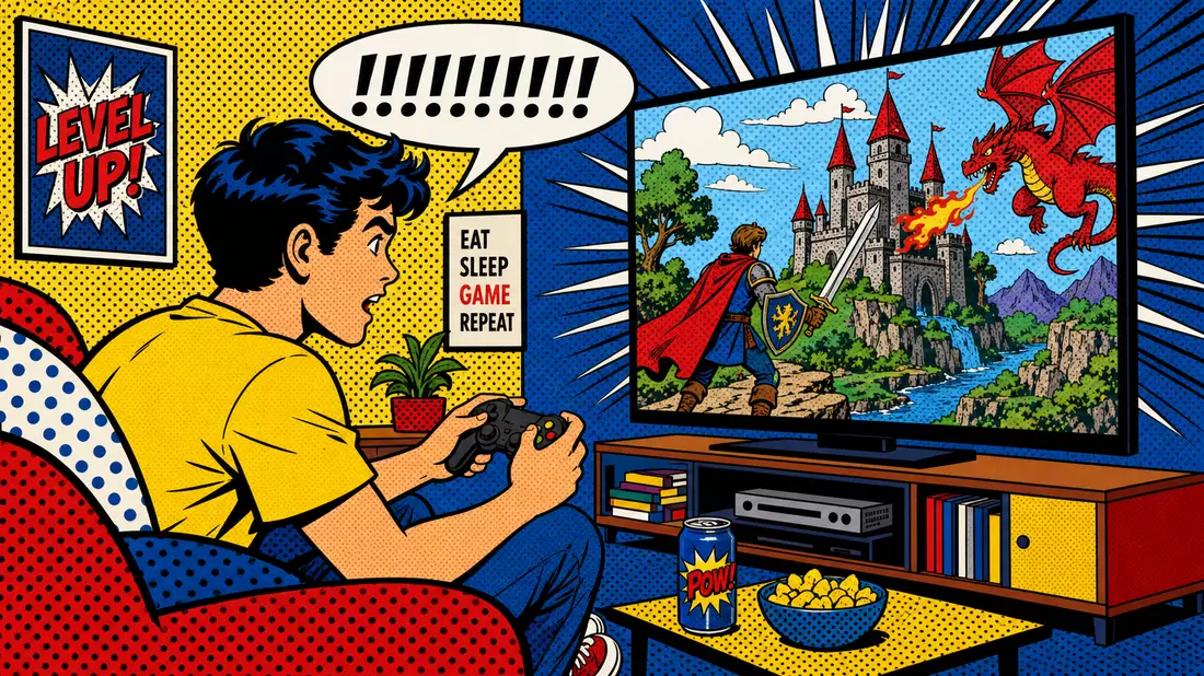 Pop-Art-Comic mit Videospieler und Fantasy-Spielwelt, Electronic Arts US2855121099
