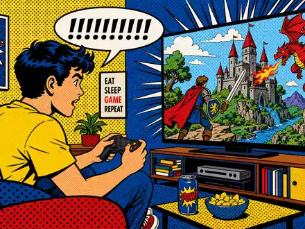 Pop-Art-Comic mit Videospieler und Fantasywelt illustriert die bunte Electronic Arts Spielewelt, US2855121099 - Foto: THN