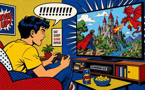 Pop-Art-Comic mit Videospieler und Fantasywelt illustriert die bunte Electronic Arts Spielewelt, US2855121099 - Foto: THN