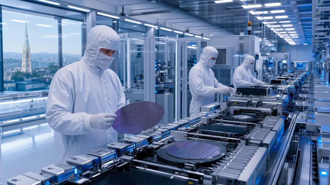 Techniker in Reinraumanzügen prüfen Siliziumwafer an Produktionsanlage für Automotive-Chips
