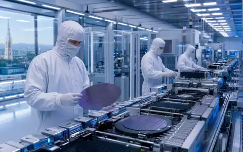 Elmos Semiconductor Reinraumproduktion DE0005677108 zeigt Techniker bei Siliziumwafer-Inspektion in moderner Halbleiterfabrik Dortmund - Foto: THN
