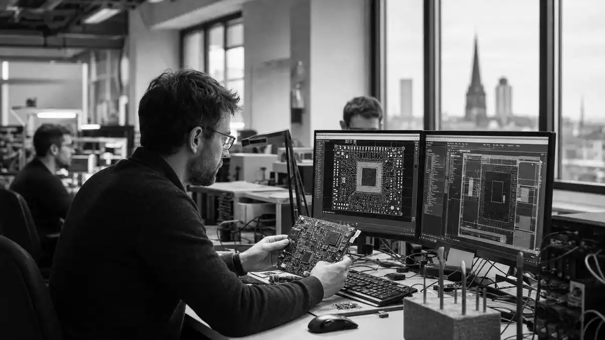 Schwarz-Weiß Reportage: Halbleiteringenieur analysiert Leiterplatte am Monitor mit Dortmund-Skyline