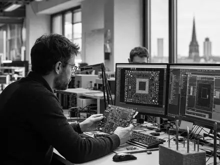 Elmos Semiconductor Ingenieure DE0005677108 arbeiten dokumentarisch an Chip-Designs in schwarz-weißer Reportage-Fotografie moderner Labore - Foto: THN
