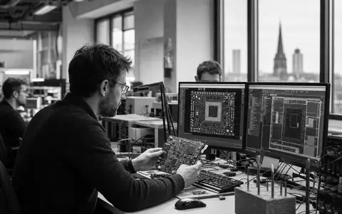Elmos Semiconductor Ingenieure DE0005677108 arbeiten dokumentarisch an Chip-Designs in schwarz-weißer Reportage-Fotografie moderner Labore - Foto: THN