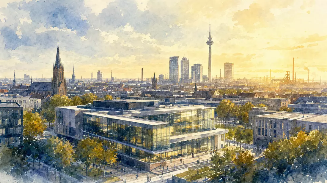 Aquarell-Illustration des Technologiecampus Dortmund mit Kirchturm und goldener Abendsonne