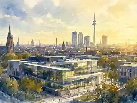 Elmos Semiconductor Hauptquartier Dortmund DE0005677108 als stimmungsvolles Aquarell mit Stadtsilhouette und goldenem Abendlicht - Foto: THN