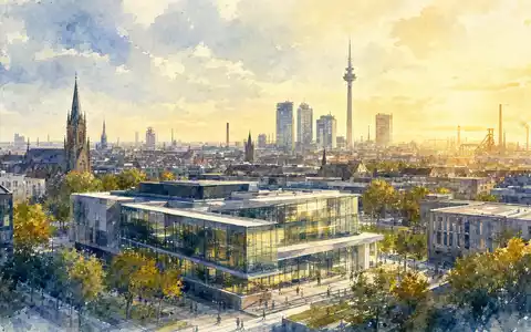 Elmos Semiconductor Hauptquartier Dortmund DE0005677108 als stimmungsvolles Aquarell mit Stadtsilhouette und goldenem Abendlicht - Foto: THN