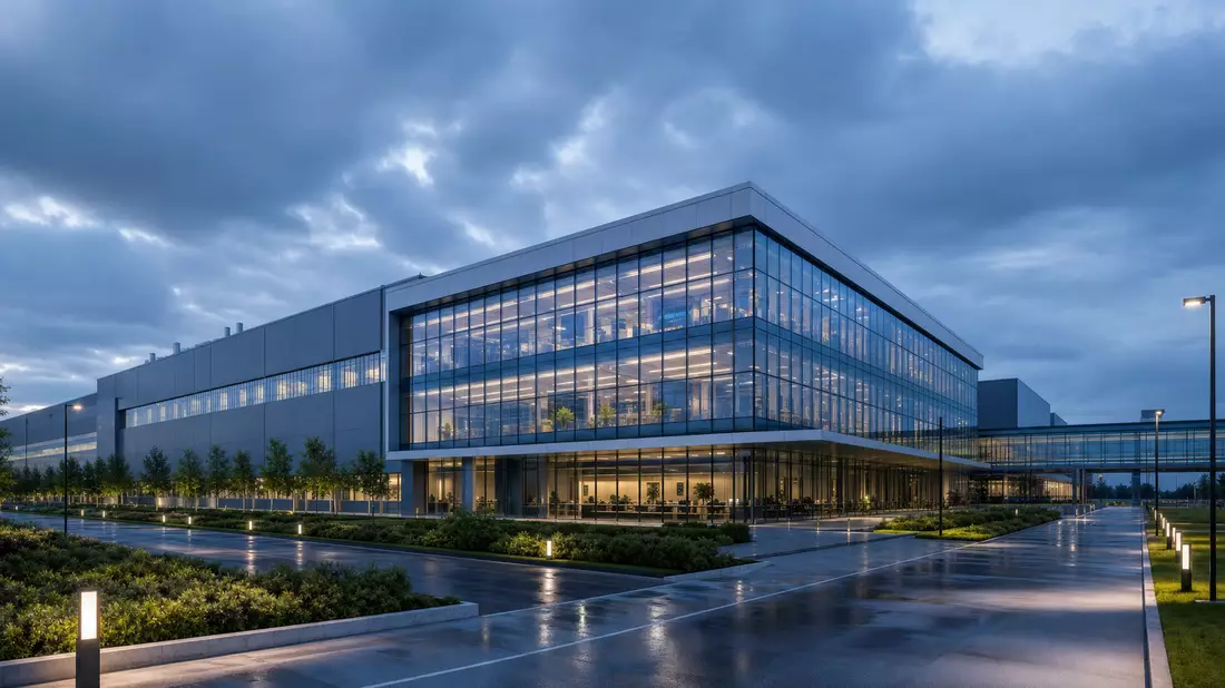 Architektur-Render eines modernen Halbleitertechnologie-Campus mit Glasfassade zur blauen Stunde