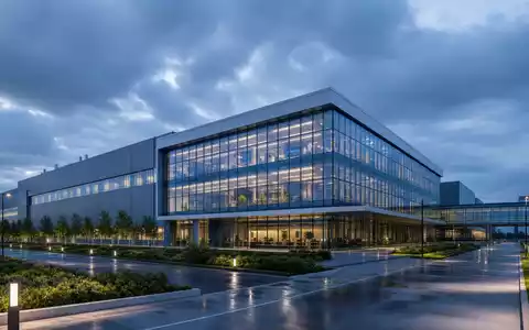 Elmos Semiconductor Technologiecampus DE0005677108 als architektonisches CGI-Render mit Glasfassade zur blauen Stunde - Foto: THN
