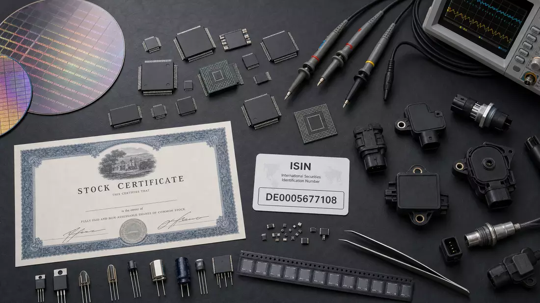 Draufsicht: Automotive-Chips, Siliziumwafer, Aktien-Zertifikat und ISIN-Karte DE0005677108 auf Schieferoberfläche
