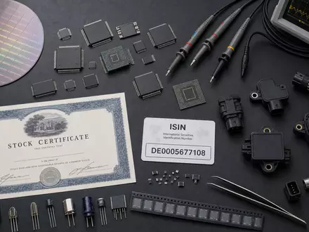 Elmos Semiconductor Halbleiter-Utensilien Flatlay mit ISIN DE0005677108 Karte und Aktien-Zertifikat auf dunklem Hintergrund - Foto: THN