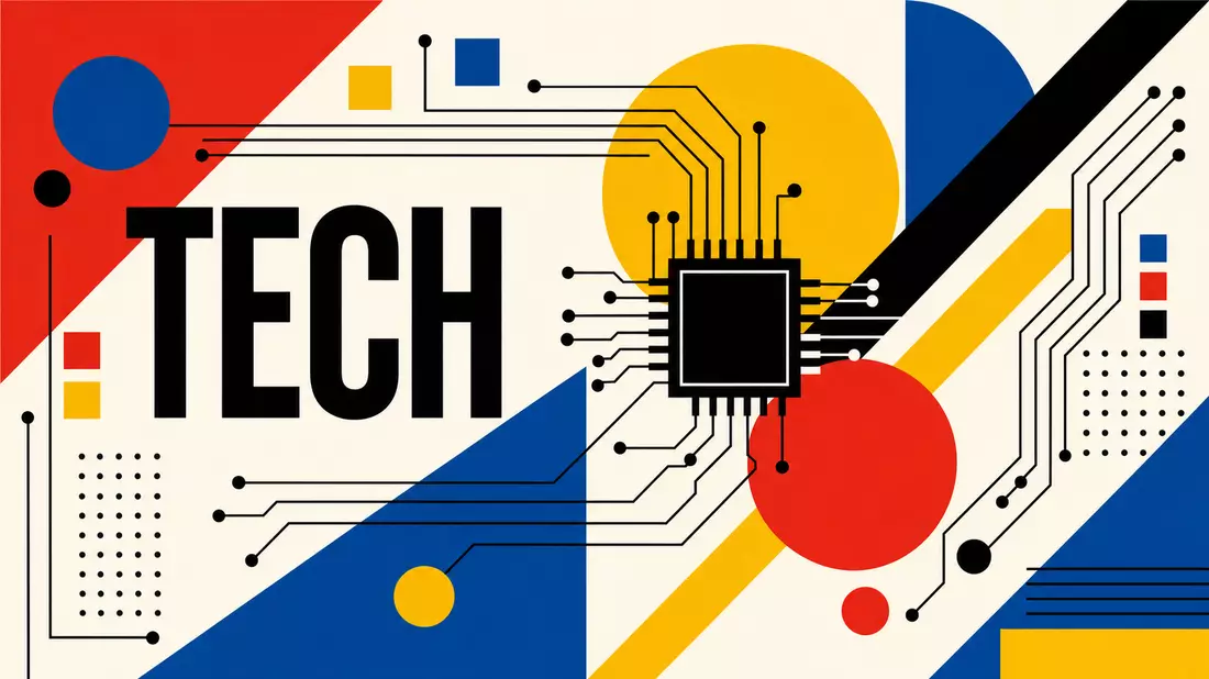 Bauhaus-Poster im Stil der 1920er Jahre mit geometrischen Formen, Schaltkreis-Elementen und TECH-Typografie