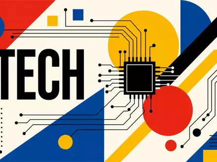 Elmos Semiconductor DE0005677108 als Bauhaus-Poster geometrisch mit TECH-Schriftzug und abstrakten Halbleiter-Schaltkreis-Elementen auf Weiß - Foto: THN