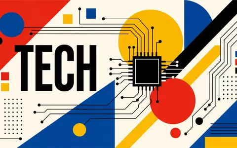 Elmos Semiconductor DE0005677108 als Bauhaus-Poster geometrisch mit TECH-Schriftzug und abstrakten Halbleiter-Schaltkreis-Elementen auf Weiß - Foto: THN