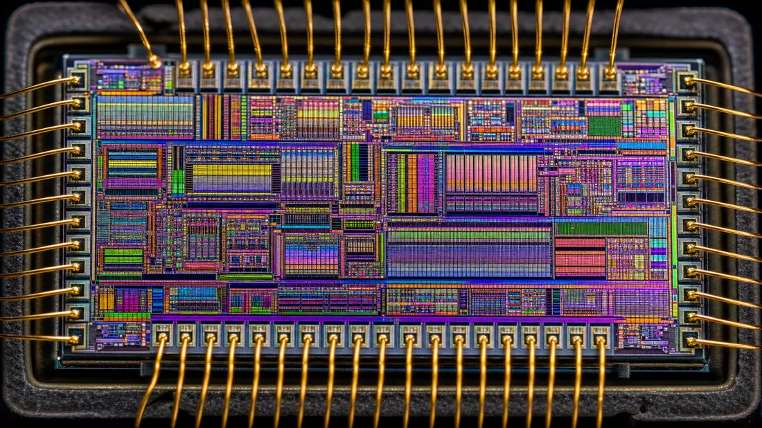 Extreme Makrofotografie eines Automotive-Halbleiterchips mit goldenen Bonddrähten und irisierender Oberfläche