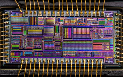 Elmos Semiconductor Automotive-Chip DE0005677108 als extreme Makroaufnahme mit goldenen Bonddrähten und irisierender Silizium-Mikrostruktur - Foto: THN