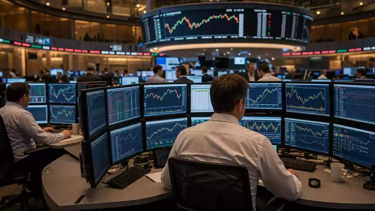 Börsen-Editorial: Händler an der Frankfurter Xetra mit Halbleiter-Sektor-Charts auf Mehrfachmonitoren