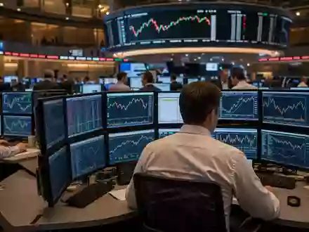 Elmos Semiconductor Börsenhandel DE0005677108 an Xetra Frankfurt mit TecDAX-Charts auf Mehrfachmonitoren im Trading-Floor - Foto: THN
