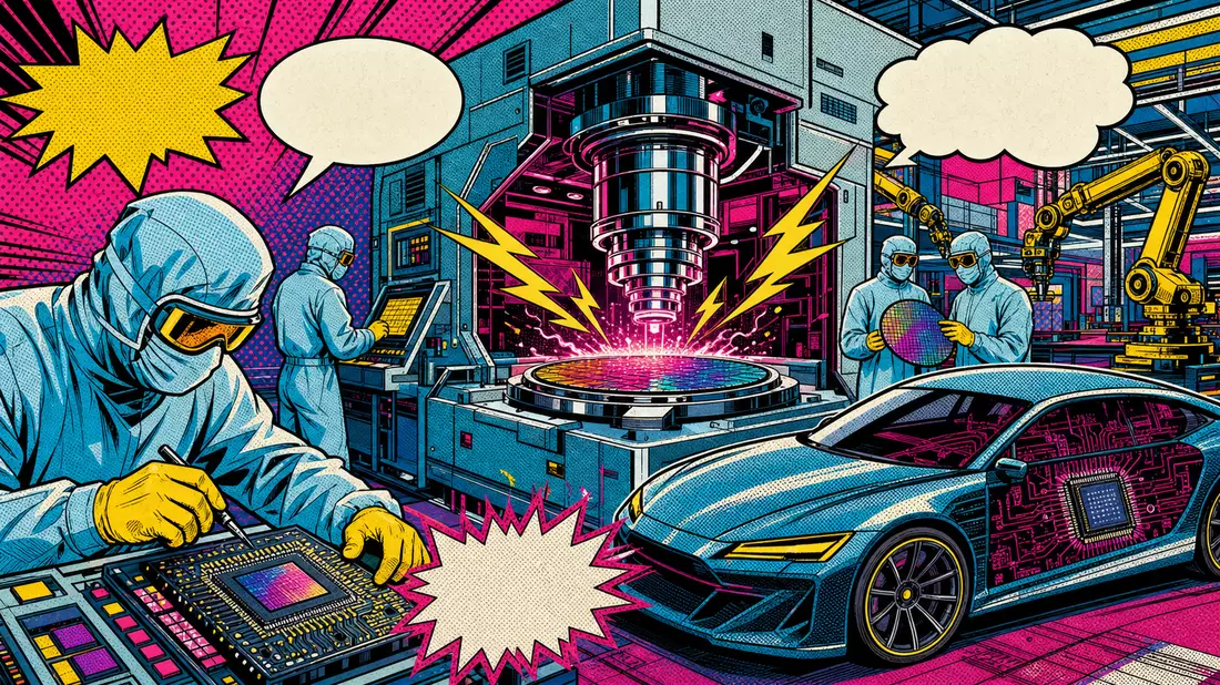 Pop-Art-Comic: Bunte Halbleiter-Fabrik mit Automotive-Chip-Produktion im 1960er-Jahre-Comicstil