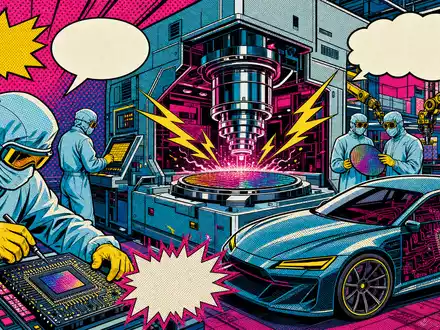 Elmos Semiconductor Chip-Fabrik DE0005677108 als farbiges Pop-Art-Comic mit Halbtontupfen-Muster und Automotive-Halbleiter-Thema dynamisch - Foto: THN