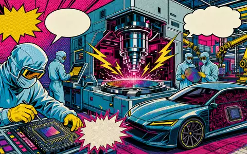 Elmos Semiconductor Chip-Fabrik DE0005677108 als farbiges Pop-Art-Comic mit Halbtontupfen-Muster und Automotive-Halbleiter-Thema dynamisch - Foto: THN