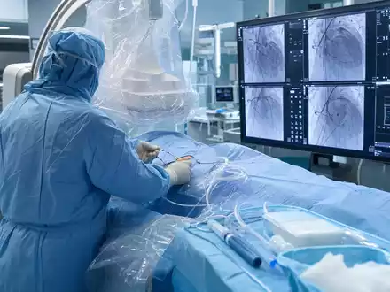 Edwards Lifesciences Herzklappen-OP US28176E1082 im Katheterlabor mit Fluoroskopie-Bildschirmen und Chirurgenteam in Aktion - Foto: THN