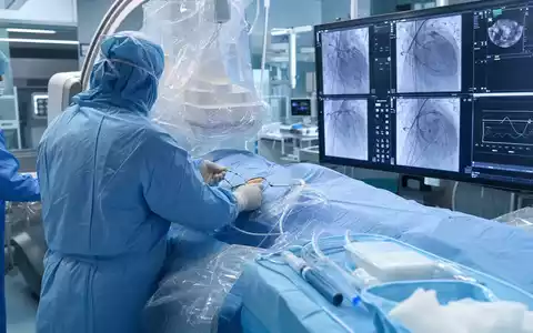 Edwards Lifesciences Herzklappen-OP US28176E1082 im Katheterlabor mit Fluoroskopie-Bildschirmen und Chirurgenteam in Aktion - Foto: THN