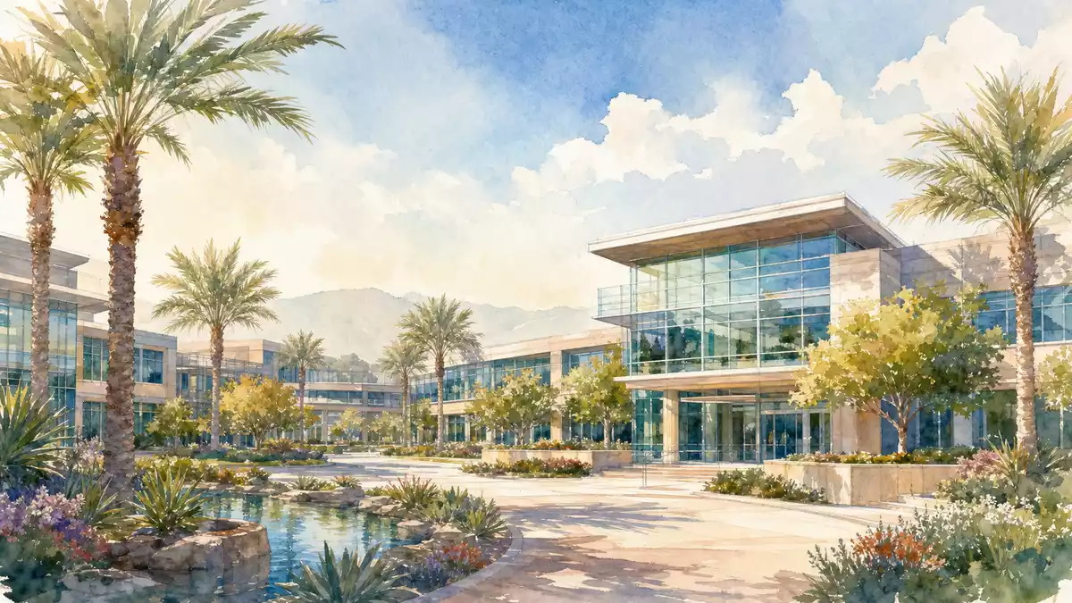 Aquarellmalerei des Medizintechnik-Campus in Irvine Kalifornien mit Palmen
