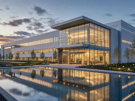 Edwards Lifesciences US28176E1082 Architektur-Render des modernen Medizintechnik-Fertigungsgebäudes bei Dämmerung mit Spiegelteich und Glasfassade - Foto: THN