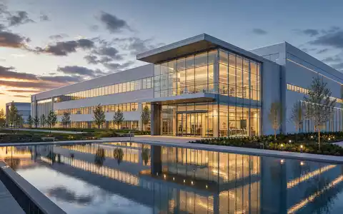 Edwards Lifesciences US28176E1082 Architektur-Render des modernen Medizintechnik-Fertigungsgebäudes bei Dämmerung mit Spiegelteich und Glasfassade - Foto: THN