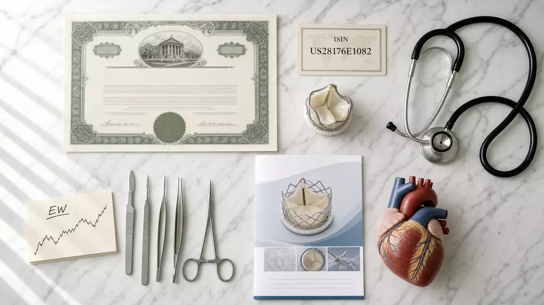 Flatlay-Arrangement mit Aktienzertifikat, ISIN-Karte US28176E1082, Stethoskop und Herzklappen-Modell