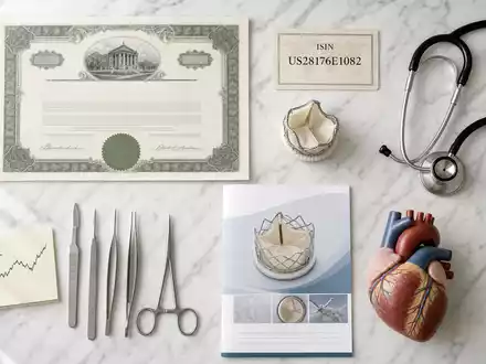 Edwards Lifesciences US28176E1082 Flatlay mit Aktienzertifikat ISIN-Karte Stethoskop und Herzklappen-Prothese auf Marmor - Foto: THN