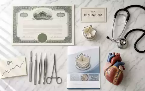 Edwards Lifesciences US28176E1082 Flatlay mit Aktienzertifikat ISIN-Karte Stethoskop und Herzklappen-Prothese auf Marmor - Foto: THN