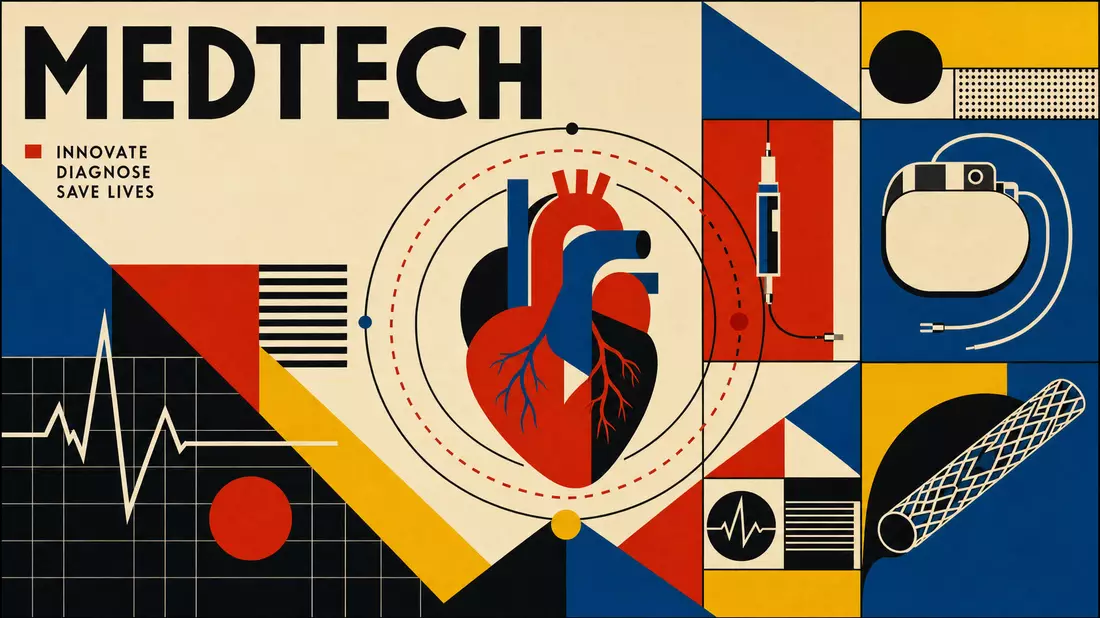 Bauhaus-Poster mit geometrischen Primärfarben, Herzanatomie und MEDTECH-Schriftzug
