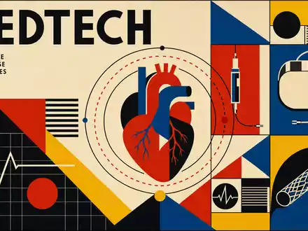 Edwards Lifesciences US28176E1082 Bauhaus-Poster mit geometrischen Primärfarben Herzanatomie und großem MEDTECH-Sektortext im Modernismus-Stil - Foto: THN