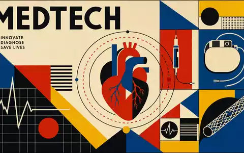 Edwards Lifesciences US28176E1082 Bauhaus-Poster mit geometrischen Primärfarben Herzanatomie und großem MEDTECH-Sektortext im Modernismus-Stil - Foto: THN