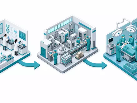 Edwards Lifesciences US28176E1082 isometrische 3D-Illustration der Medizintechnik-Wertschöpfungskette von Labor über Fertigung zu Krankenhaus - Foto: THN