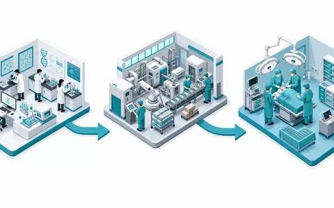 Edwards Lifesciences US28176E1082 isometrische 3D-Illustration der Medizintechnik-Wertschöpfungskette von Labor über Fertigung zu Krankenhaus - Foto: THN
