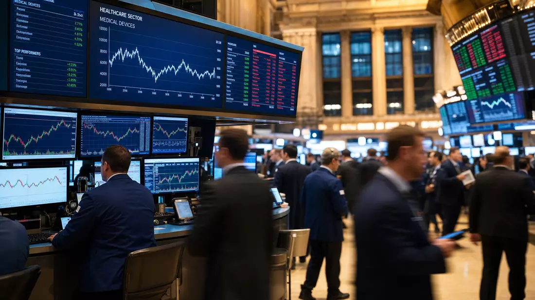 NYSE-Handelsparkett mit Händlern, Healthcare-Sektor-Charts und Medical-Devices-Kursanzeigen