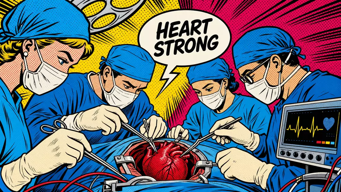 Pop-Art-Comic einer Herzoperation im Roy-Lichtenstein-Stil mit HEART STRONG Sprechblase