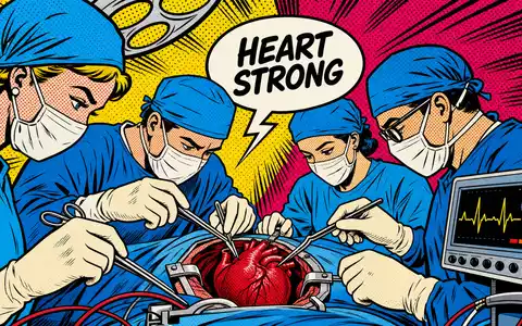 Edwards Lifesciences US28176E1082 Pop-Art-Comic-Szene einer Herzoperation im Lichtenstein-Stil mit Halbtönen und Sprechblase - Foto: THN