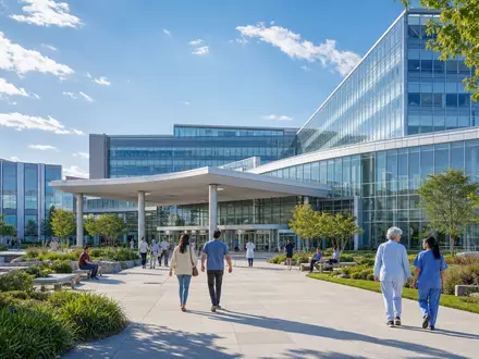 Elevance Health Krankenversicherungs-Campus US2855211023 zeigt modernen Gebäudeeingang mit weitläufiger Grünanlage unter blauem Himmel - Foto: THN