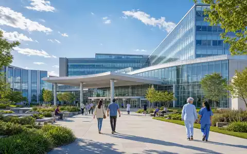 Elevance Health Krankenversicherungs-Campus US2855211023 zeigt modernen Gebäudeeingang mit weitläufiger Grünanlage unter blauem Himmel - Foto: THN