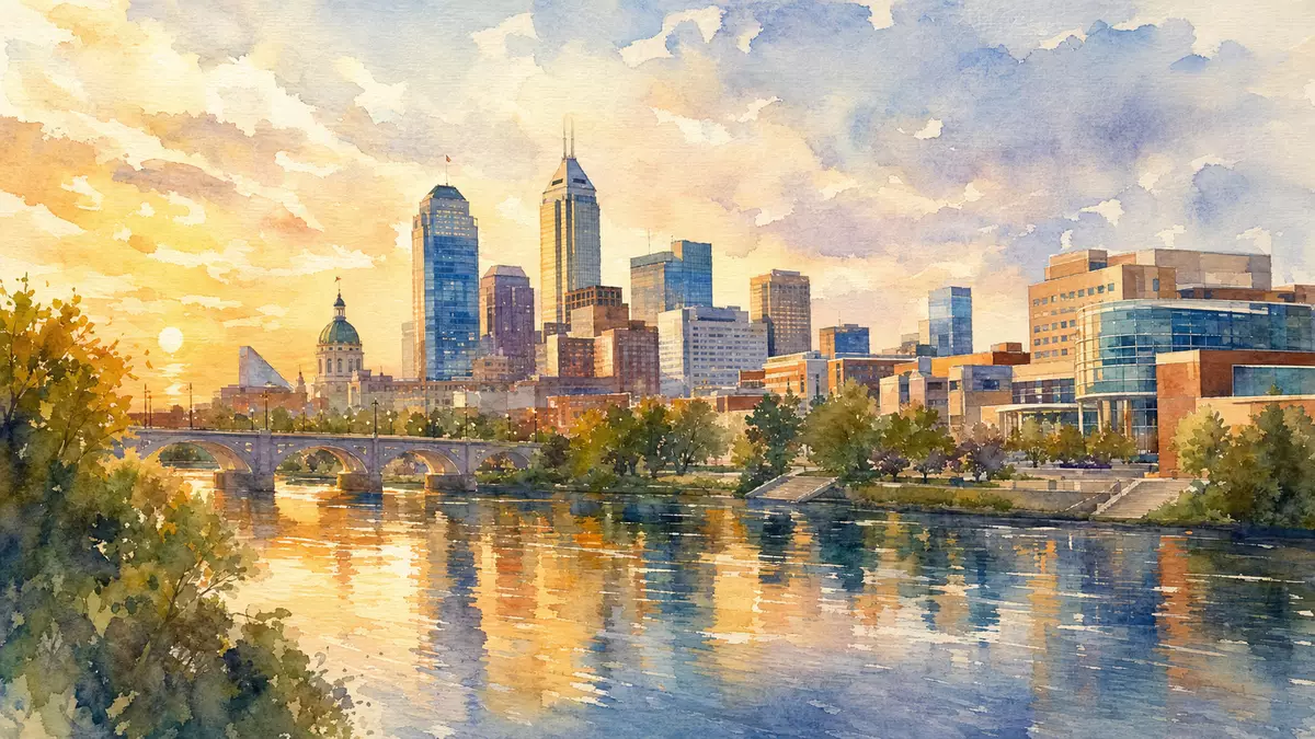 Aquarellmalerei der Indianapolis-Skyline bei Sonnenuntergang mit Flussreflexionen