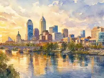 Elevance Health US2855211023 Indianapolis Skyline in warmem Aquarell mit goldener Stundenlicht-Spiegelung im Fluss - Foto: THN