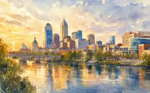 Elevance Health US2855211023 Indianapolis Skyline in warmem Aquarell mit goldener Stundenlicht-Spiegelung im Fluss - Foto: THN