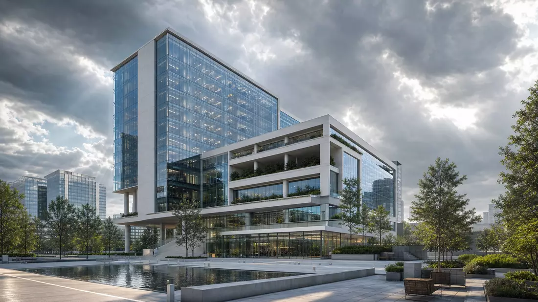 Architektur-Render eines modernen Büroturms mit Glasfassade und Stadtplatz