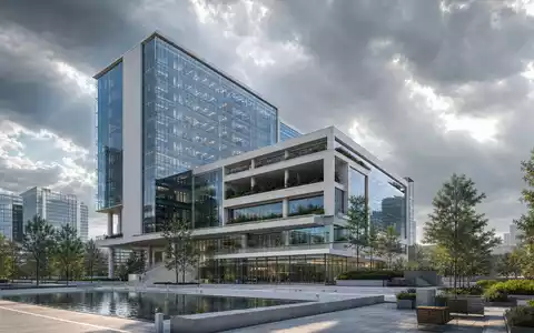 Elevance Health US2855211023 modernes Unternehmens-Hochhaus mit Glasfassade und urbanem Wasserbecken im Render - Foto: THN