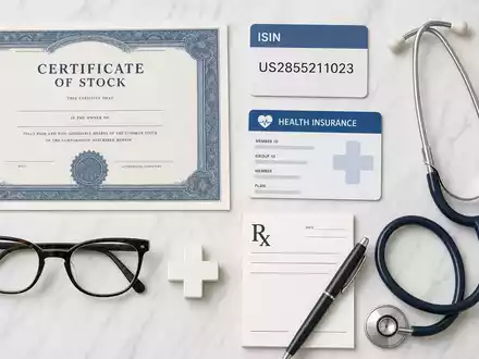 Elevance Health US2855211023 Flatlay mit Aktienzertifikat ISIN-Karte Stethoskop und medizinischen Utensilien auf Marmor - Foto: THN